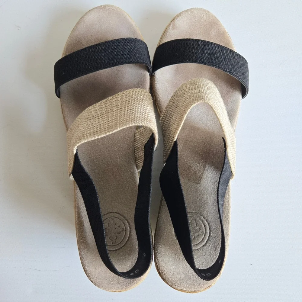 Charleston Shoe Co Womens Black Beige Elastic Strap Espadrille Wedge Sandals 9